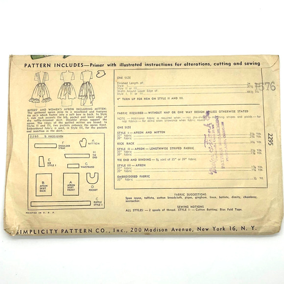 Simplicity Vintage 1950's Pattern #2295 Misses Apron and Mitt One Size - Picture 6 of 6
